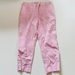 Talbots Pant Trouser Gingham Plaid Pink Perfect Crop Button Hem White Checkard